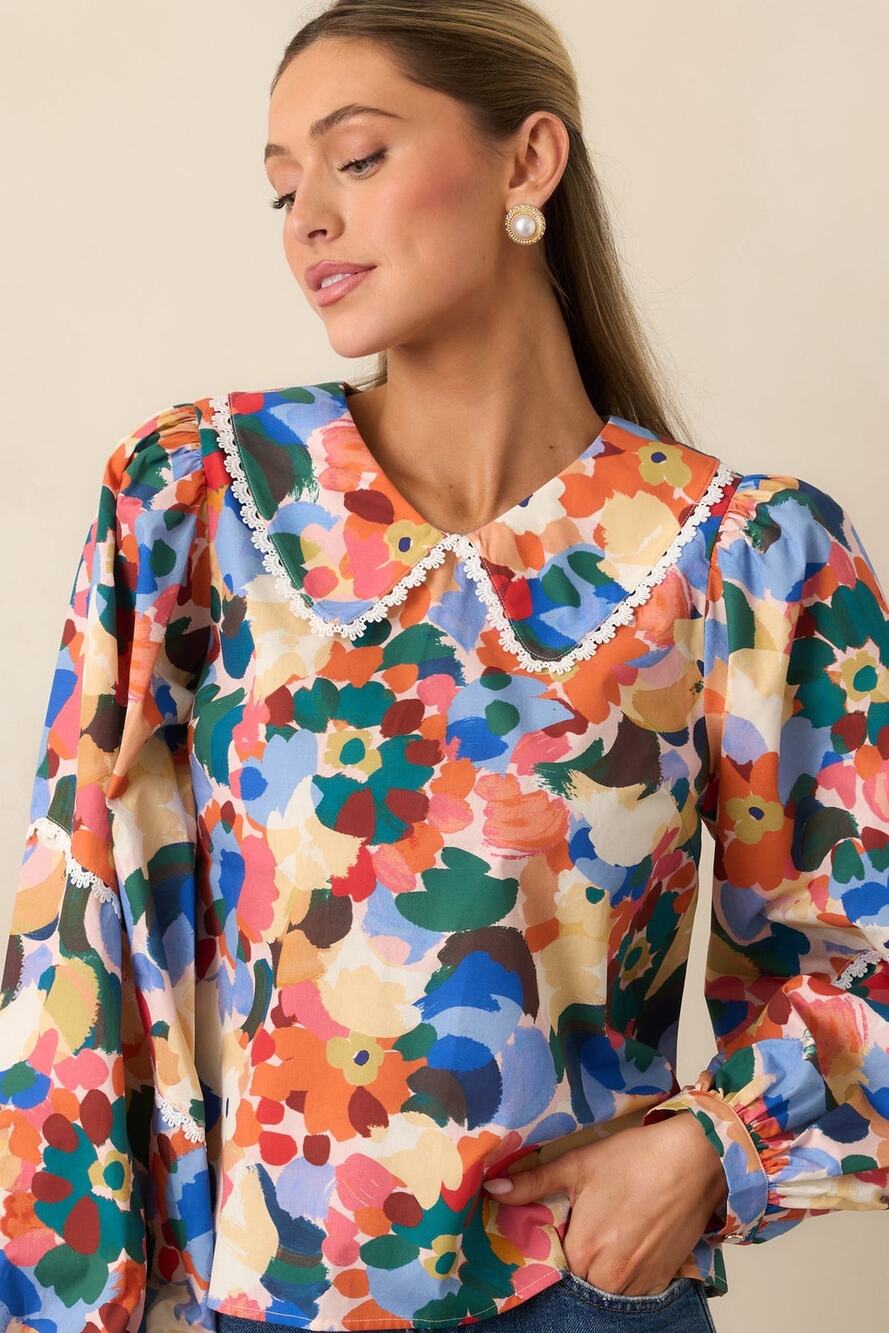 Prosperina Stowe Floral Lace Puff Sleeve Cotton Blouse Multi Women XS NWT